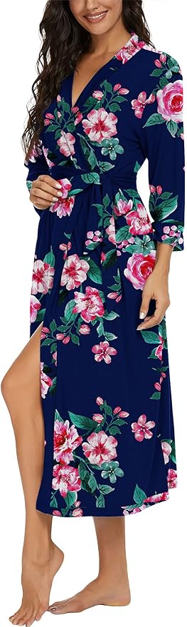VINTATRE Women Kimono Robes Long Knit Bathrobe Lightweight Soft Knit Sleepwear V-neck Casual Ladies Loungewear