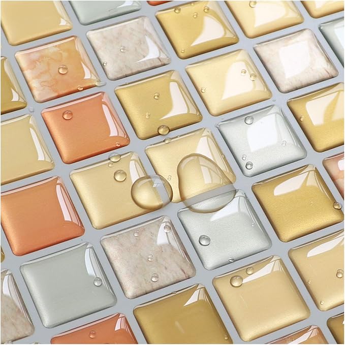 3D Mosaic Tile Sticker Removable Wallpaper Tile Yellow, 3D Self Adhesive Wall Tiles Bathroom Wall Tiles for Kitchen Backsplash Yellow, PVC Square Decorative Vinyl Tile Decals, 4 Sheets