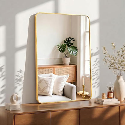 OLIXIS 38x26 Inch Bathroom Wall Mount Mirror with Rounded Rectangle, Gold | Modern Wall Vanity Mirrors for Over Sink with Matte Brush Metal Framed, for Home Decor, Living Room, Bedroom