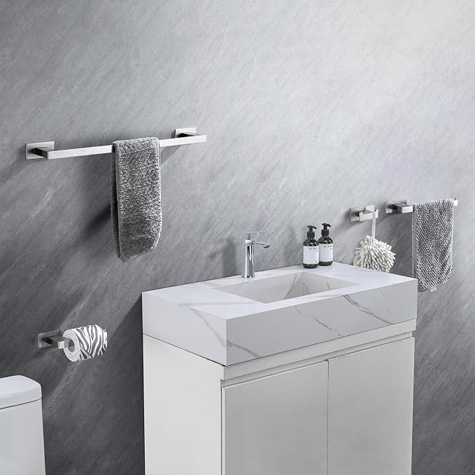 4-Pieces Bathroom Hardware Accessories Set, Towel Rack Towel Bar Toilet Paper Holder Towel Hook Self Adhesive Stainless Steel Towel Rack Set for Bathroom Wall Mounted, Brushed Nickel, 16 Inch