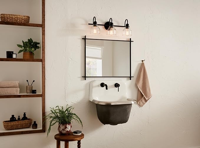 Kichler Avery 24" 3-Light Bathroom Vanity Light in Black with Clear Seeded Glass for Bathroom and Powder Room Vanity, Industrial Styling, (24" W x 9.5" H x 8.25" Ext.), 45973BK