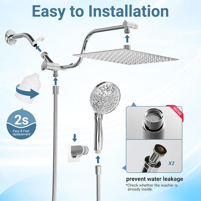 Filtered Shower Head with Handheld, 11.8" Rain Shower Head, High Pressure | 10-Function Spray Options, Adjustable Extension Arm, Secure Adhesive Holder, Easy Installation, Stainless Steel-Chrome Finish