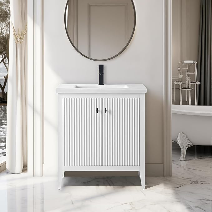 Vanity Art 30 inch Bathroom Vanity with Single Sink & Ceramic Top, Vanity Cabinet with Soft-Closing Door, Solid Wood Frame, Linear Pattern, White, VA9130-W-MB,Matte Black Handles