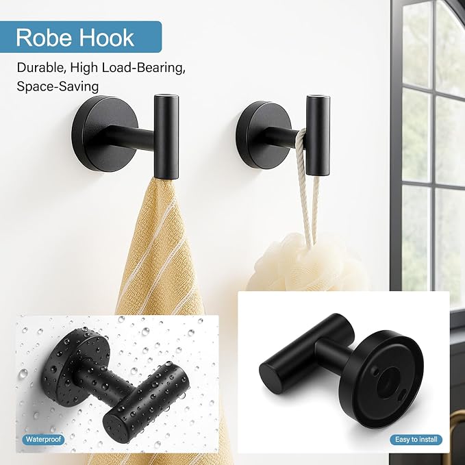 Matte Black 24in Stainless Steel Bathroom Hardware Set | Towel Bar Set , Bathroom Accessories Set Wall Mounted, Towel Racks for Bathroom, Towel Ring, Towel Hooks, Toilet Paper Holder