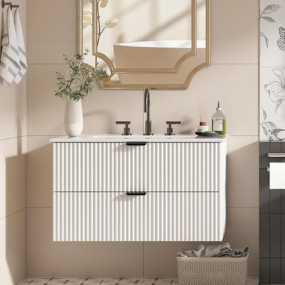 30" Bathroom Vanity with Sink Combo, Floating Vanity Bathroom Cabinet with Ceramic Basin, Soft-Close Function,Modern Wall Mount Sink Vanity for Guest or Master Bath