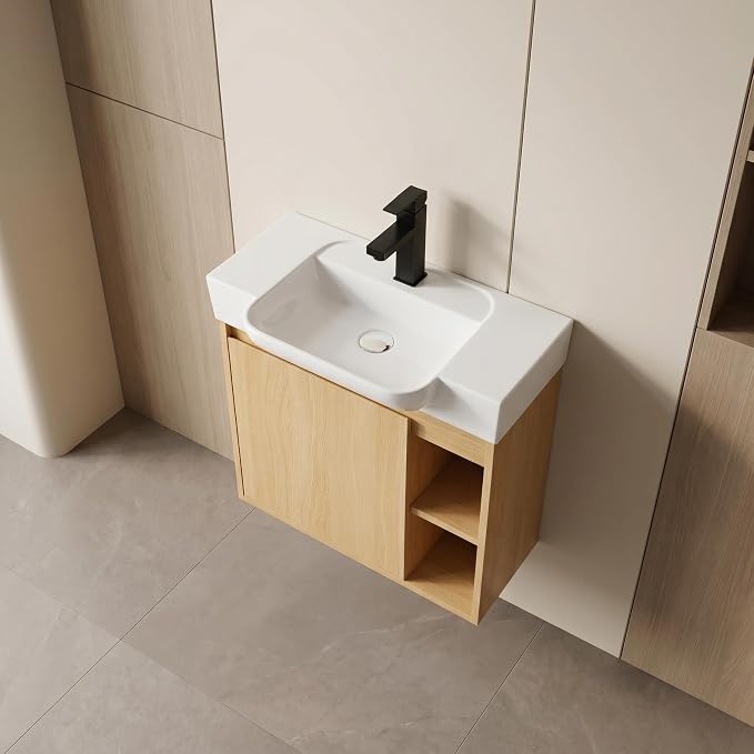 24" Bathroom Vanity with Sink, Wall-Mounted Cabinet, Light Oak | Ceramic Sink, Soft-Close Door & 2 Open Storage Shelves, Modern Farmhouse Sink Cabinet, Easy to Clean for Small Bathroom