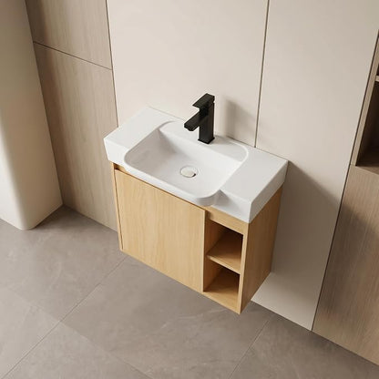 24" Bathroom Vanity with Sink, Wall-Mounted Cabinet, Light Oak | Ceramic Sink, Soft-Close Door & 2 Open Storage Shelves, Modern Farmhouse Sink Cabinet, Easy to Clean for Small Bathroom