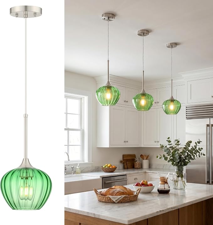 Green Pendant Lights Kitchen Island, 7.7" Vintage Glass Pendant Lighting with Brushed Nickel Adjustable Hanging Light Fixtures for Kitchen, Dining Room, Sink, Bathroom