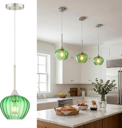 Green Pendant Lights Kitchen Island, 7.7" Vintage Glass Pendant Lighting with Brushed Nickel Adjustable Hanging Light Fixtures for Kitchen, Dining Room, Sink, Bathroom