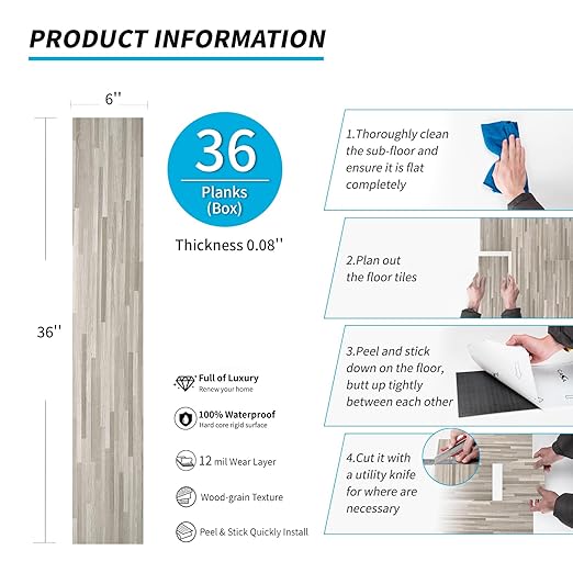 Art3d 36-Pack Wood Texture Peel and Stick Vinyl Flooring Tiles, Dusty Grey | 18 & 54 sq.ft Options, Rigid Surface Hard Core, Waterproof, Self-Adhesive, Impact Resistant, Fit Indoor Household Spaces