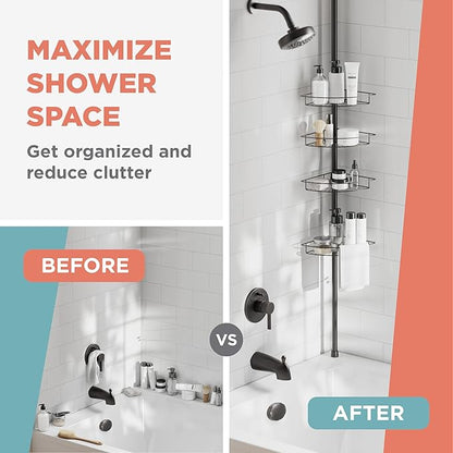 Zenna Home Tension Pole Shower Caddy Corner Organizer, Adjustable Standing Shower Caddy with 4 Baskets and Towel Bar, Rust Resistant Bathroom Tension Rod Organizer, 60 to 97 Inch, Bronze