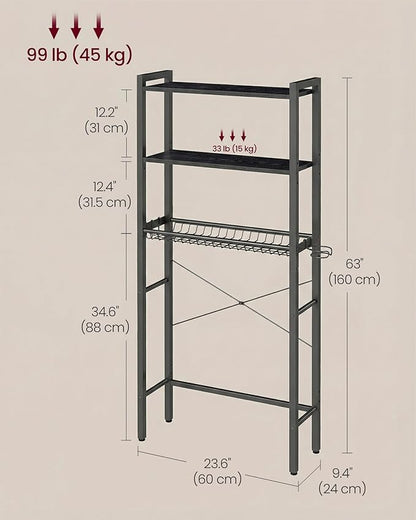 VASAGLE Over the Toilet Storage, Over Toilet Bathroom Organizer with Adjustable Shelves and Basket, 3 Hooks, Space Saving, 9.4 x 23.6 x 63 Inches, Ebony Black UBTS113BE01S