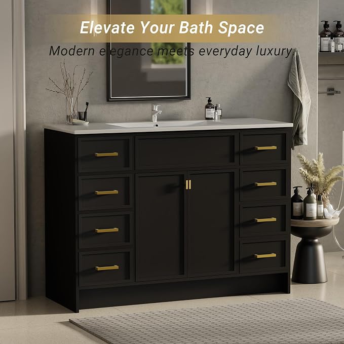 48 Inch Freestanding Bathroom Vanity with Sink, Shaker Style Black Cabinet with 8 Drawers & Double Doors, Waterproof Lacquer Finish, Maximum Multi-Drawer Storage for Master Bathroom