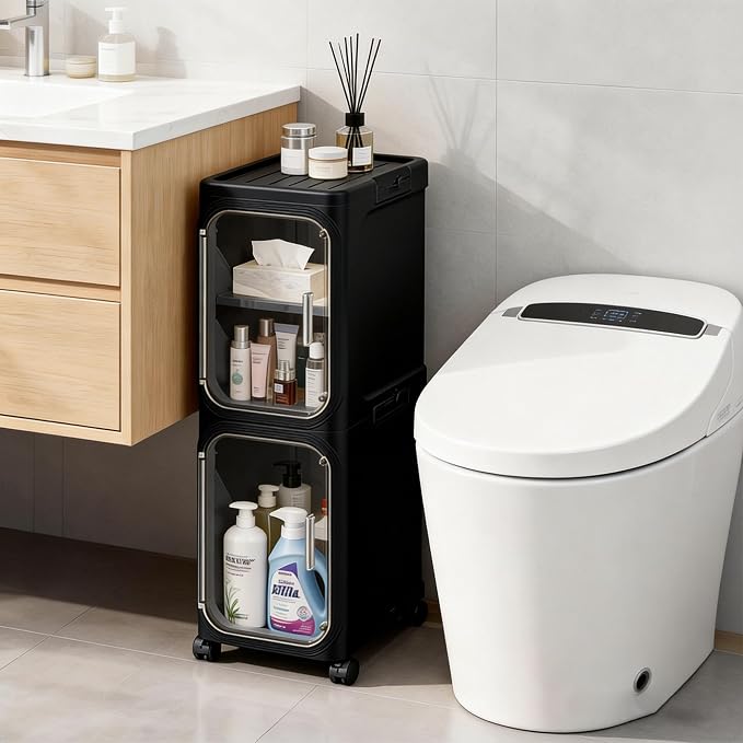2-Tier Narrow Storage Cabinet Slim Bathroom Skinny Organizer with Wheels | Slim Storage Cabinet with Lockable Rolling Wheels Adjustable Detachable Shelves Snap Assembly for Small Spaces,Black