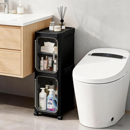 2-Tier Narrow Storage Cabinet Slim Bathroom Skinny Organizer with Wheels | Slim Storage Cabinet with Lockable Rolling Wheels Adjustable Detachable Shelves Snap Assembly for Small Spaces,Black