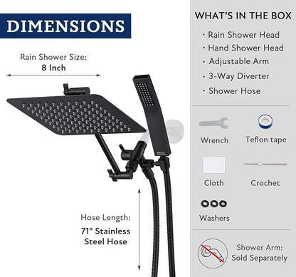 G-Promise All Metal 8" Rain Shower Head with Handheld for Bathroom Upgrade | All Metal, Built to Last, Easy Install, Adjustable Height & Angle for All Heights, Extra Long Hose, Modern Upgrade