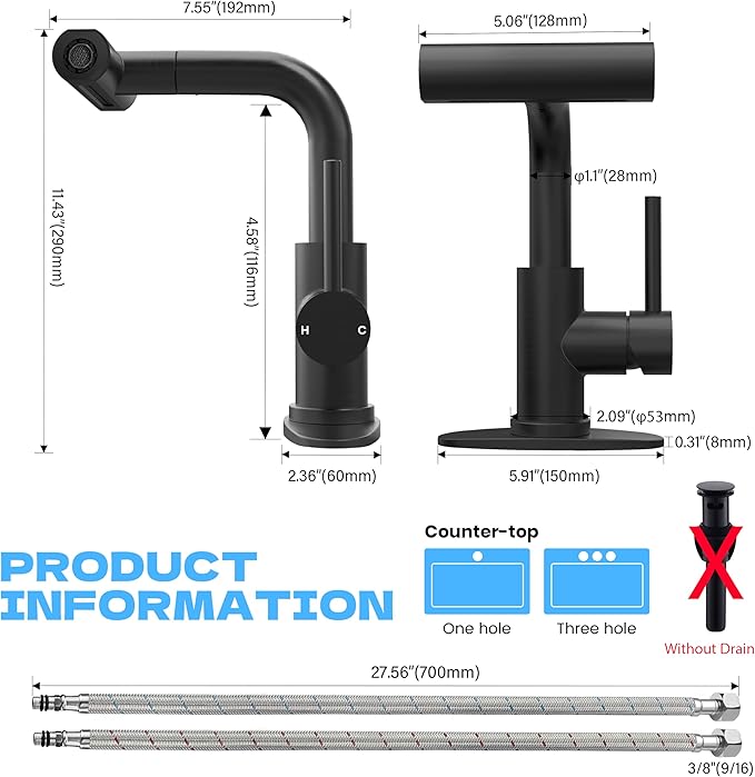 Matte Black Bathroom Sink Faucet with Pull Down Sprayer - 4 Mode Single Handle Vanity Faucet Waterfall Bathroom Faucet with Pull Down Sprayer (No Drain)