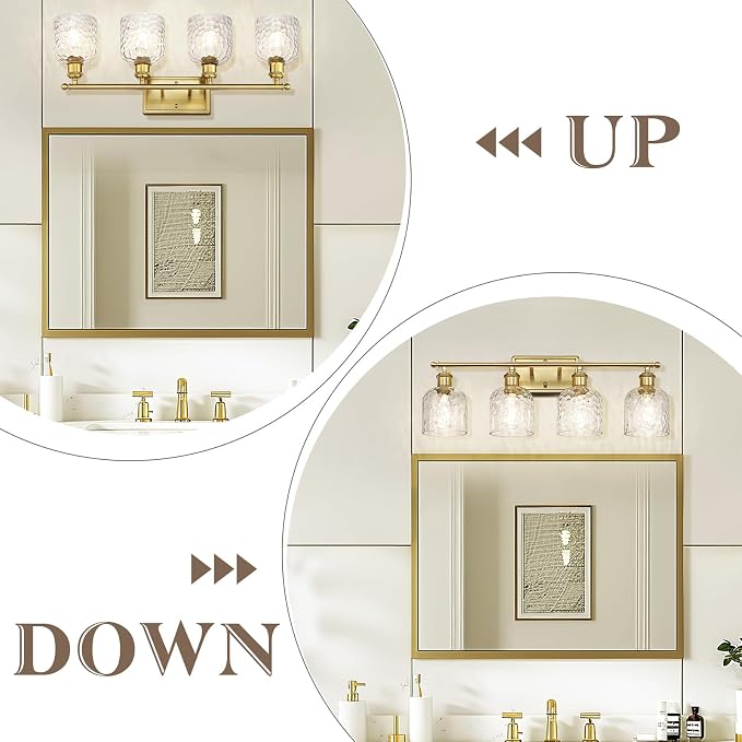 zeyu 27'' Modern Vanity Lights Over Mirror, 4-Light Brushed Gold Wall Light for Mirror Bedroom, Brushed Gold Finish with Clear Hammered Glass, ZJF63B-4W BG