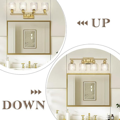 zeyu 27'' Modern Vanity Lights Over Mirror, 4-Light Brushed Gold Wall Light for Mirror Bedroom, Brushed Gold Finish with Clear Hammered Glass, ZJF63B-4W BG