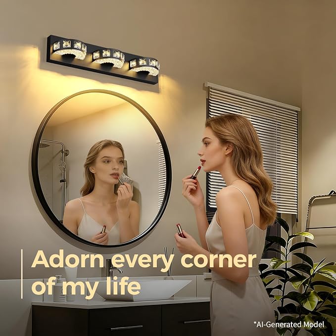 Modern Bathroom Vanity Lights 21.6inch 24W 5 Color Temperature Black Vanity Light (3-Light,Dimmable) Crystal Bathroom Light Fixtures for Bathroom Mirror Restroom