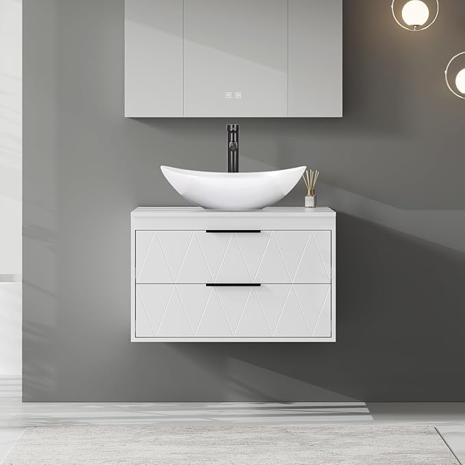 eclife 30" Floating Bathroom Vanities with Sink Combo, Wall Mounted Modern Cabinet W/Diamond Line Pattern Design, White Boat Ceramic Vessel Sink W/Water Save Faucet & Pop Up Drain, White