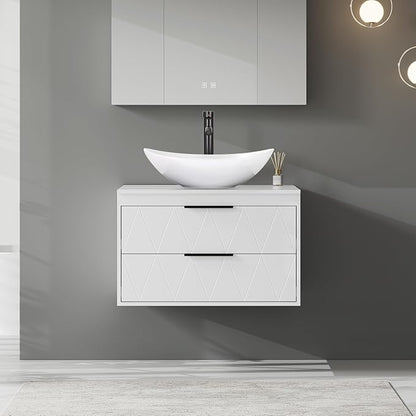 eclife 30" Floating Bathroom Vanities with Sink Combo, Wall Mounted Modern Cabinet W/Diamond Line Pattern Design, White Boat Ceramic Vessel Sink W/Water Save Faucet & Pop Up Drain, White