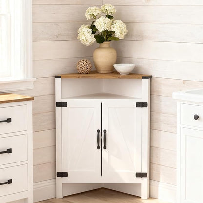 M METERXITY Bathroom Corner Cabinet with Barn Doors, Adjustable Shelf | 32"H Farmhouse Small Storage Cabinet, 3-Tier Space Saver, Open Storage, Kitchen, Pantry, Living, Entryway, White Walnut