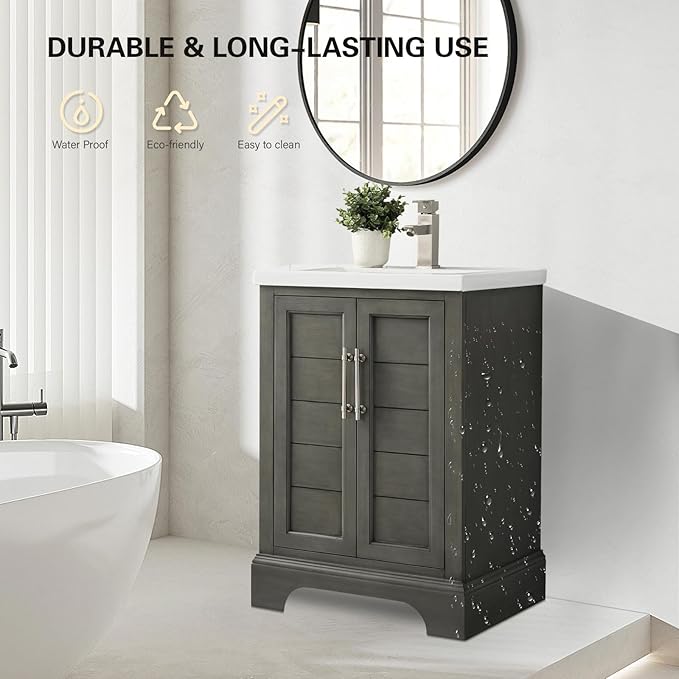 HOMEBEYOND 24 Inch Bathroom Vanity with Single Sink & Ceramic Top, Vanity Cabinet with Center Countertop Basin, Soft-Closing Doors,Sliver Grey