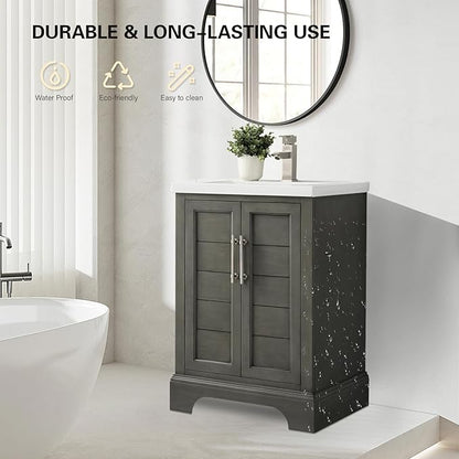 HOMEBEYOND 24 Inch Bathroom Vanity with Single Sink & Ceramic Top, Vanity Cabinet with Center Countertop Basin, Soft-Closing Doors,Sliver Grey
