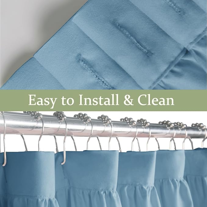 Farmhouse Ruffle Shower Curtain, Fog Blue, 72 x 72 in | Decorative Elegant Bathroom Curtain with 12 Holes, Soft Ruched Microfiber Fabric, Vintage Handmade Design