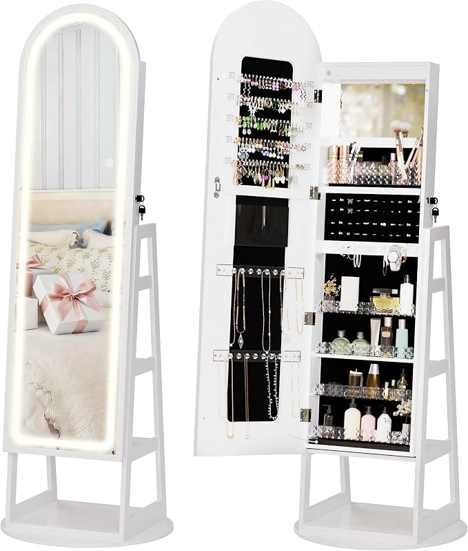 Zamilidon Full Length Mirror LED Lockable White Standing Jewelry Armoire | Secure lock design, multi-layer jewelry compartment, soft dimmable lighting, space-saving floor layout