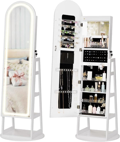 Zamilidon Full Length Mirror LED Lockable White Standing Jewelry Armoire | Secure lock design, multi-layer jewelry compartment, soft dimmable lighting, space-saving floor layout