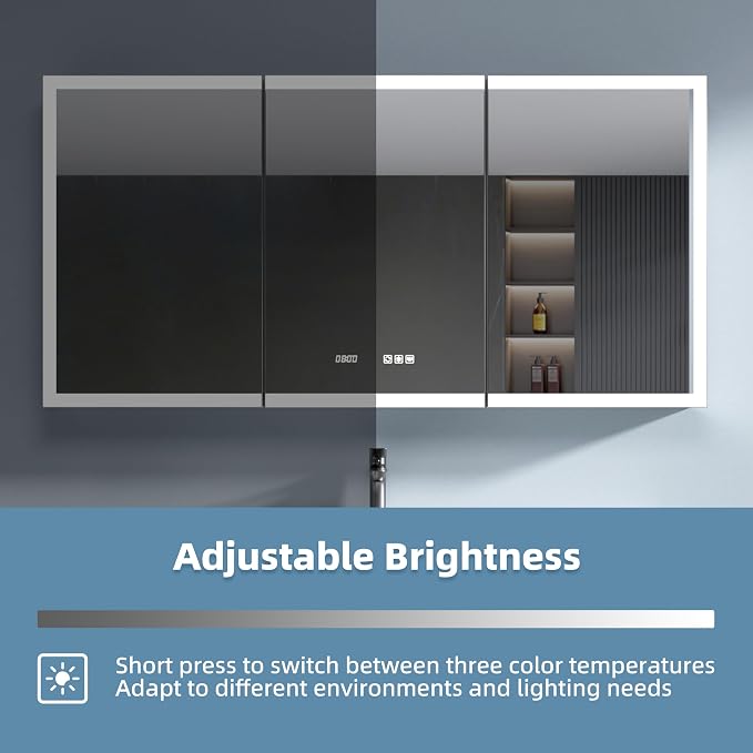 LED Medicine Cabinet 48x30 Anti-Fog Mirror Dimmable Recessed Mount | 3 Color Dimmable LED. Time Temp Display. Anti-Fog IP44. 2 Outlets+2 USB. Plug-in/Hardwired. Recessed/Wall Mount
