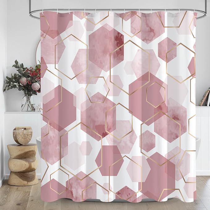 Litabel Long Shower Curtain for Bathroom, Geometric Bathroom Decor 72x78 | Long Modern Minimalist Shower Curtais, Pink Geometric Art Print Abstract Waterproof Bath Curtain