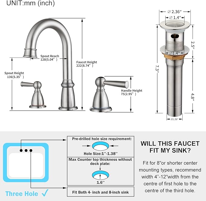 CREA Widespread Bathroom Faucet 3 Hole 8 inch Faucet Brushed Nickel with Pop Up Drain 2 Handle 4 inch Sink Faucets for Vanity Lavatory Basin Restroom Bath