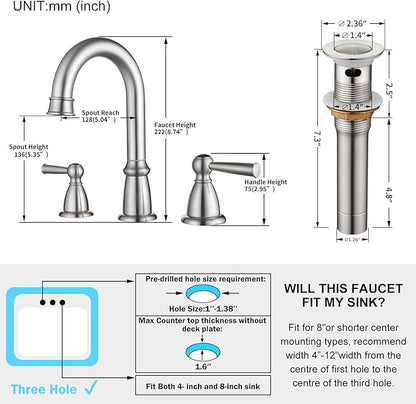 CREA Widespread Bathroom Faucet 3 Hole 8 inch Faucet Brushed Nickel with Pop Up Drain 2 Handle 4 inch Sink Faucets for Vanity Lavatory Basin Restroom Bath