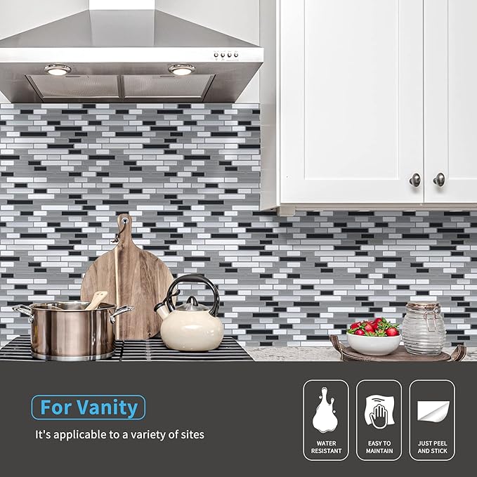 Art3d 12" x 12" Peel and Stick Tile Kitchen Backsplash Sticker Gray Brick (6 Tiles)