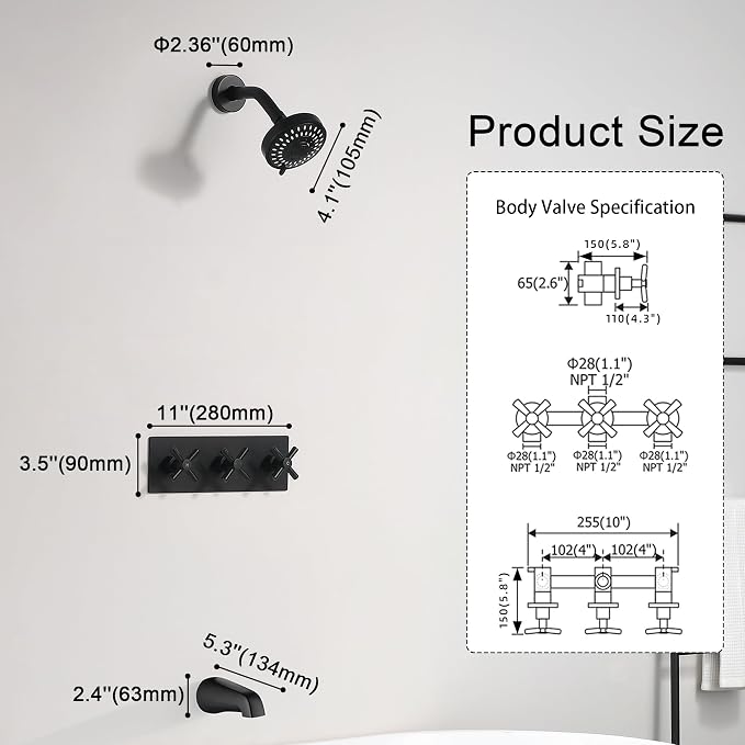 3 Handle Tub Shower Faucet Matte Black Shower Tub Faucet Set | 3 Knob Bathtub Shower Faucets Sets Complete for Bathroom Shower Trim Kit with Rough-in Valve
