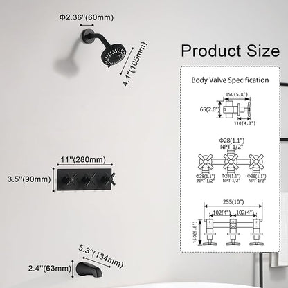 3 Handle Tub Shower Faucet Matte Black Shower Tub Faucet Set | 3 Knob Bathtub Shower Faucets Sets Complete for Bathroom Shower Trim Kit with Rough-in Valve
