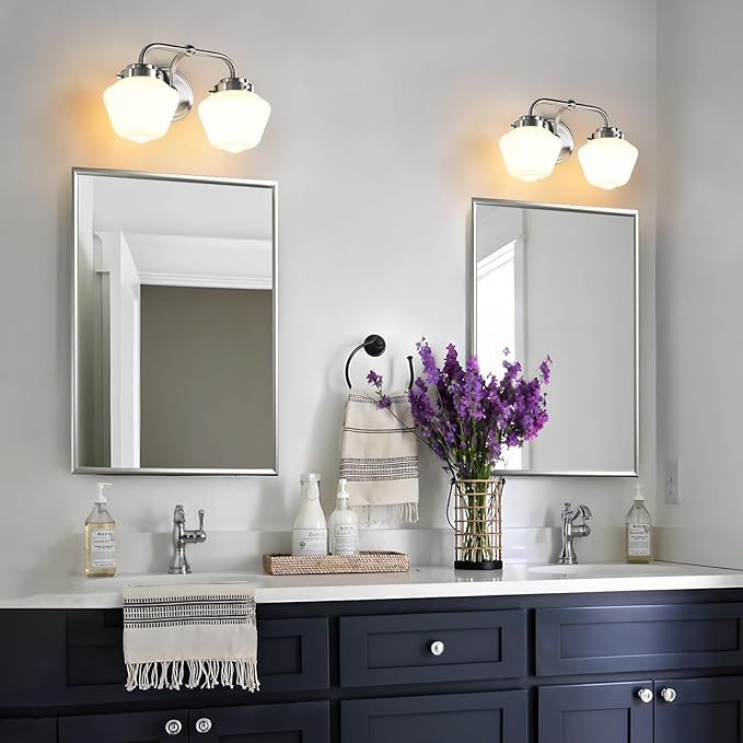 Bathroom Vanity Light Fixtures: 2-Lights Vanity Lighting Fixtures with Frosted Milky Glass Shades, Hardwired 11 in Brushed Nickel Vanity Lights Over Mirror (Exclude E26 Bulb)