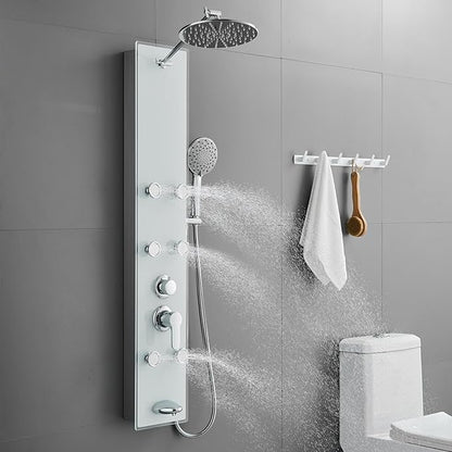 ROVOGO Tempered Glass Shower Panel System with Rainfall Shower, 6 Body Jets, Handheld Wand and Tub Spout, Shower Tower with Height Adjustable Shower Arm, White