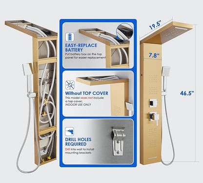 ROVOGO Gold Shower Panel Tower System with Led Lights, Rainfall Waterfall Shower Head, Body Massage Jets, Handheld and Tub Spout, Stainless Steel Shower Column with Mixer Valve, 46.5"