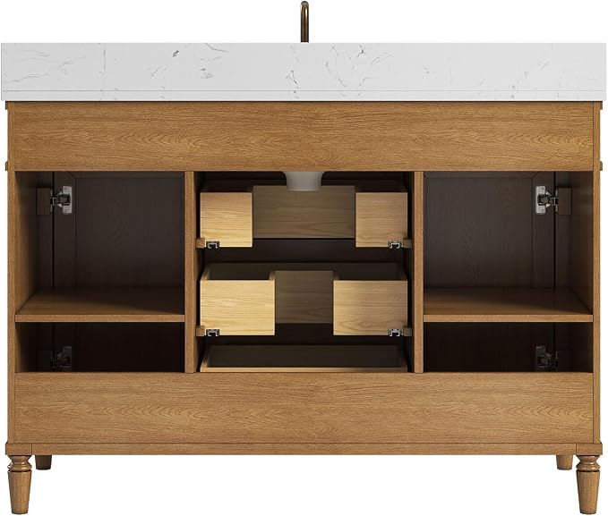 48 Inch Bathroom Vanity with Sink Combo, Classic Bathroom Cabinet with Countertop & Backsplash, Solid Wood Vanity with Soft Closing Doors & Dovetail Drawers, Ceramic Sink, Light Walnut
