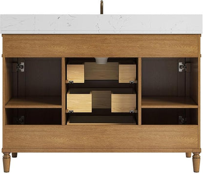48 Inch Bathroom Vanity with Sink Combo, Classic Bathroom Cabinet with Countertop & Backsplash, Solid Wood Vanity with Soft Closing Doors & Dovetail Drawers, Ceramic Sink, Light Walnut