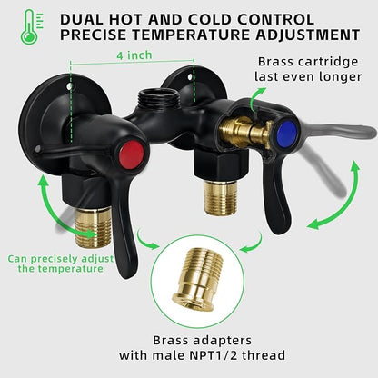 Outdoor Shower Kit Dual Handle Extendable Exposed Pipe Outdoor Shower Fixtures System with ABS Showerhead Solid Brass 4 Inch Center Mix Valve Matte Black