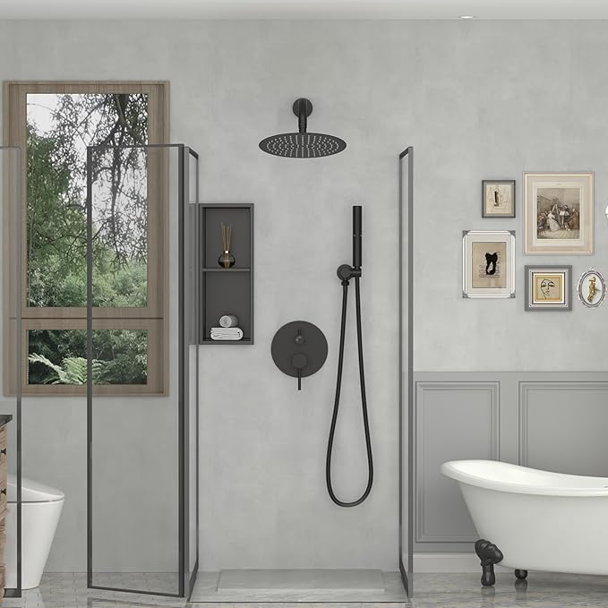 BESy Shower System with 10 Inch Round Rain Shower Head and Handheld Wall Mounted, High Pressure Rainfall Heads Shower Faucet Fixture Combo Set with 2 in 1 Spray Showerhead for Bathroom, Black