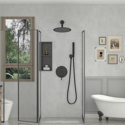 BESy Shower System with 10 Inch Round Rain Shower Head and Handheld Wall Mounted, High Pressure Rainfall Heads Shower Faucet Fixture Combo Set with 2 in 1 Spray Showerhead for Bathroom, Black