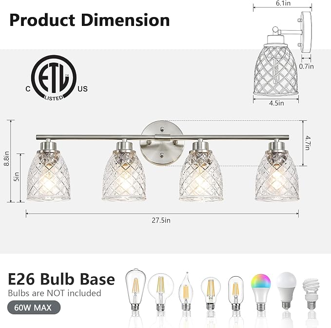 4-Light Vanity Light Over Mirror, Brushed Nickel Bathroom Light Fixtures | Modern Farmhouse Wall Sconces with Hammered Glass Lampshade for Kitchen Hallway Bedroom Living Room Cabinet Porch-27.5IN