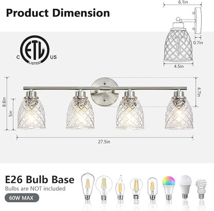 4-Light Vanity Light Over Mirror, Brushed Nickel Bathroom Light Fixtures | Modern Farmhouse Wall Sconces with Hammered Glass Lampshade for Kitchen Hallway Bedroom Living Room Cabinet Porch-27.5IN