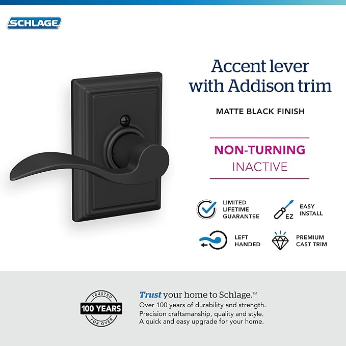 SCHLAGE Accent Lever with Addison Trim Non-Turning Lock in Matte Black - Left Handed - F170 ACC 622 ADD LH